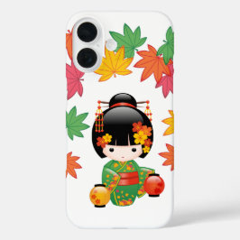 Funda iPhone 16 Muñeca Kokeshi Caída - Chica de Kimono Verde Geish