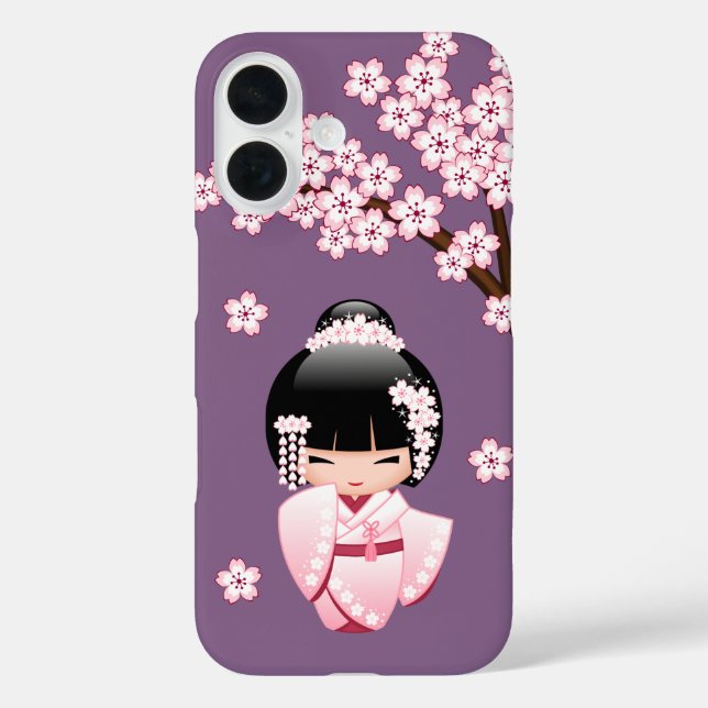Funda iPhone 16 Muñeca Kokeshi kimono blanca - Chica Geisha lindo (Reverso )