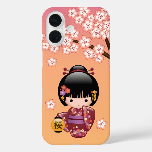 Funda iPhone 16 Muñeca Kokeshi Sakura Geisha en Naranja (Reverso )
