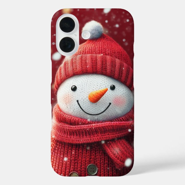 Funda iPhone 16 Muñeco de nieve sonriente Jersey rojo acogedor Nav (Reverso )