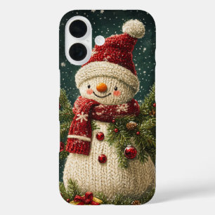 Funda iPhone 16 Muñeco de Nieve Tejido Ramas de Siempreverde Navid