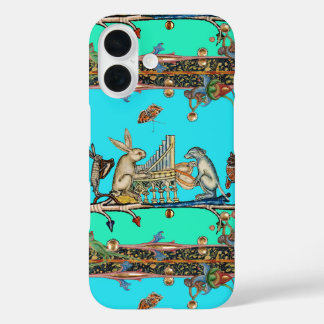 Funda iPhone 16 MÚSICA MEDIEVAL BESTIARIA, conejo, azul perro