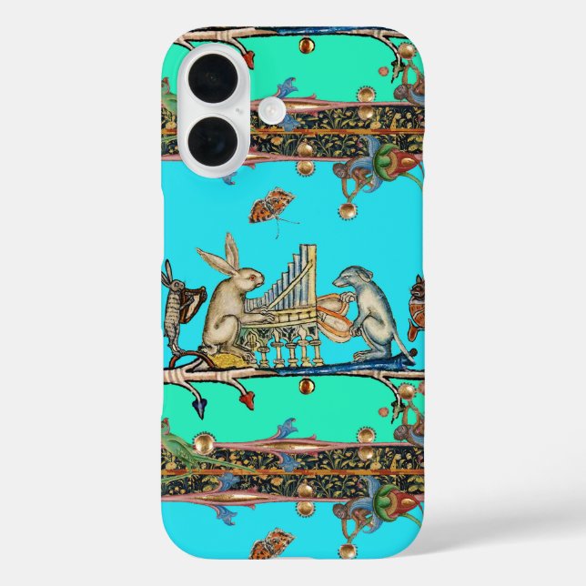 Funda iPhone 16 MÚSICA MEDIEVAL BESTIARIA, conejo, azul perro (Reverso )