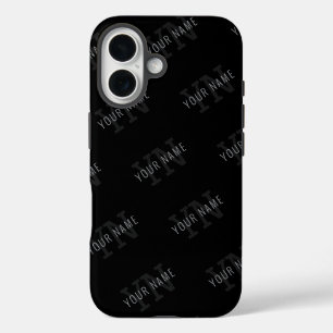 Funda iPhone 16 Muy oscuro gris y negro patrón de nombre de monogr