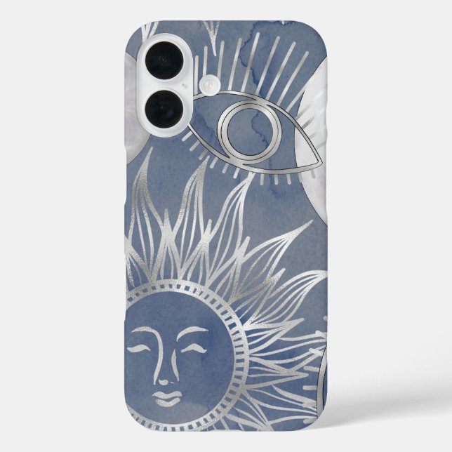 Funda iPhone 16 Mystique solar | Dusty Blue Silver Moon Stars Sun (Reverso )