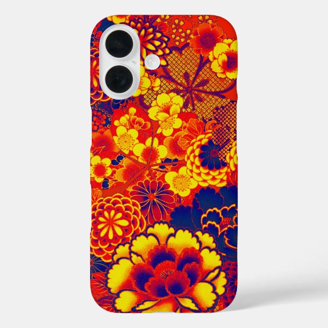 Funda iPhone 16 Naranja AMARILLO FLOWERS Peony, Rosas floral japon (Reverso )