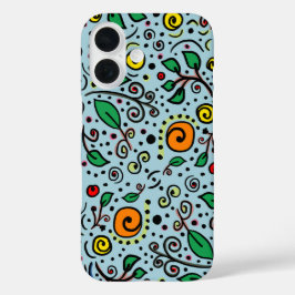 Funda iPhone 16 Naranja de patrones de flores Swirl Berry en Verde