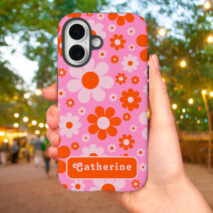 Funda iPhone 16 Naranja floral retro Groovy rosa personalizado