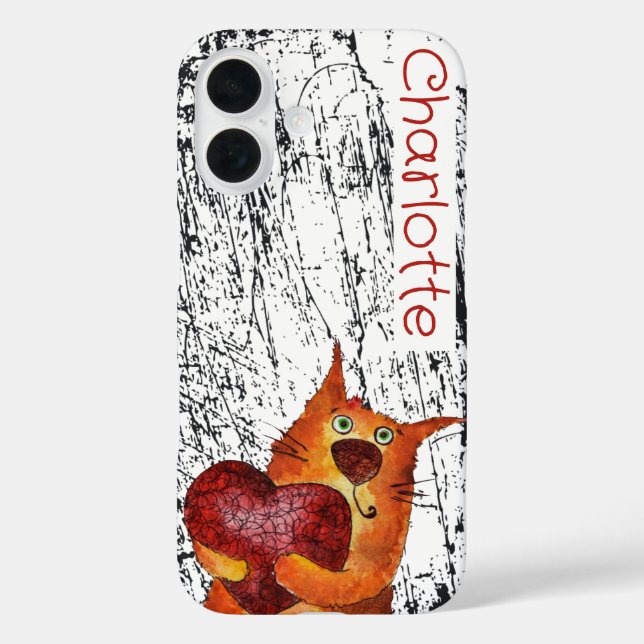 Funda iPhone 16 Naranja lindo personalizado gatos nombre grunge (Reverso )