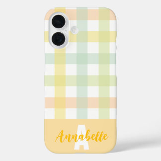 Funda iPhone 16 Naranja Pastel azul amarillo verde Gingham Monogra