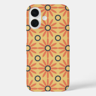 Funda iPhone 16 Naranja retro y patrón de floral de corte negro ab