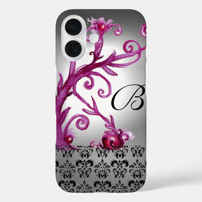 Funda iPhone 16 NAVES, BERRIES DAMASK MONOGRAM rosado, blanco negr (Reverso )