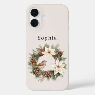 Funda iPhone 16 Navidad Acogedora Poinsettia Caliente Piñas Pájaro