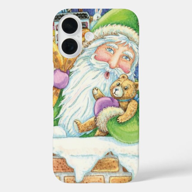 Funda iPhone 16 Navidad adorable, Santa Claus en chimenea con jugu (Reverso )