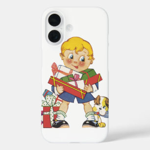 Funda iPhone 16 Navidad Vintage, Niño con Regalos y Cachorro
