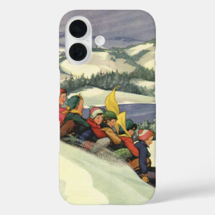 Funda iPhone 16 Navidad Vintage, niños deslizándose en trineo en u