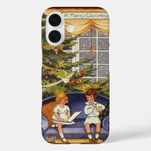 Funda iPhone 16 Navidad vintage, niños sentados en un sofá