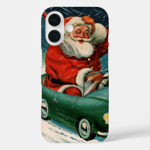 Funda iPhone 16 Navidad vintage, Santa Claus en un auto lindo