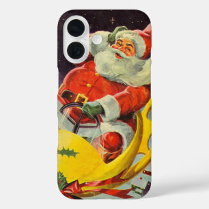 Funda iPhone 16 Navidad vintage, Santa Claus en una nave espacial