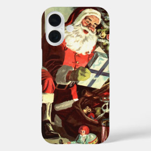 Funda iPhone 16 Navidad vintage, Santa Claus retro con regalos
