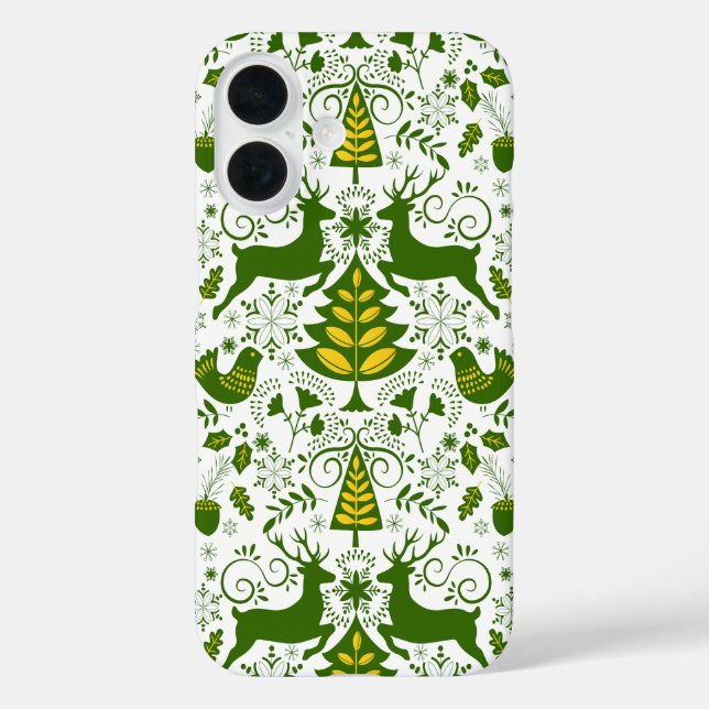 Funda iPhone 16 Navidades de oro leñan aves de ciervo en flor (Reverso )