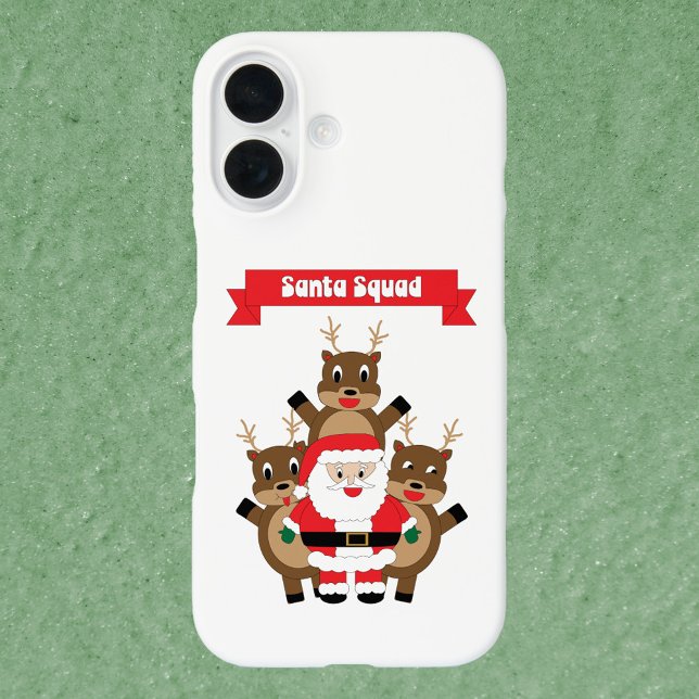 Funda iPhone 16 Navidades del Escuadrón de Santa Camila (A phone case with a graphic of Santa & reindeer with a red banner that reads Santa Squad.)