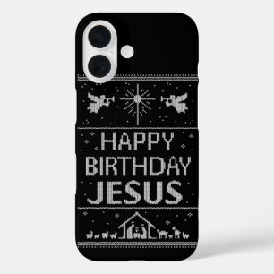 Funda iPhone 16 Navidades feos Diseño de suéter Feliz cumpleaños J