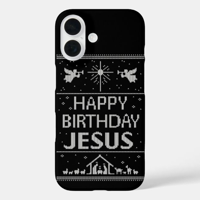 Funda iPhone 16 Navidades feos Diseño de suéter Feliz cumpleaños J (Reverso )