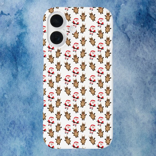 Funda iPhone 16 Navidades Patrón de renos Santa Blanco (A phone case with a Christmas pattern of santa and reindeer.)
