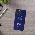 Funda iPhone 16 Negocio de logotipo con iniciales de monograma bla<br><div class="desc">Fondo azul marino y texto blanco. Personalice y añada su negocio,  logotipo de la empresa,  iniciales de monograma y nombre.</div>