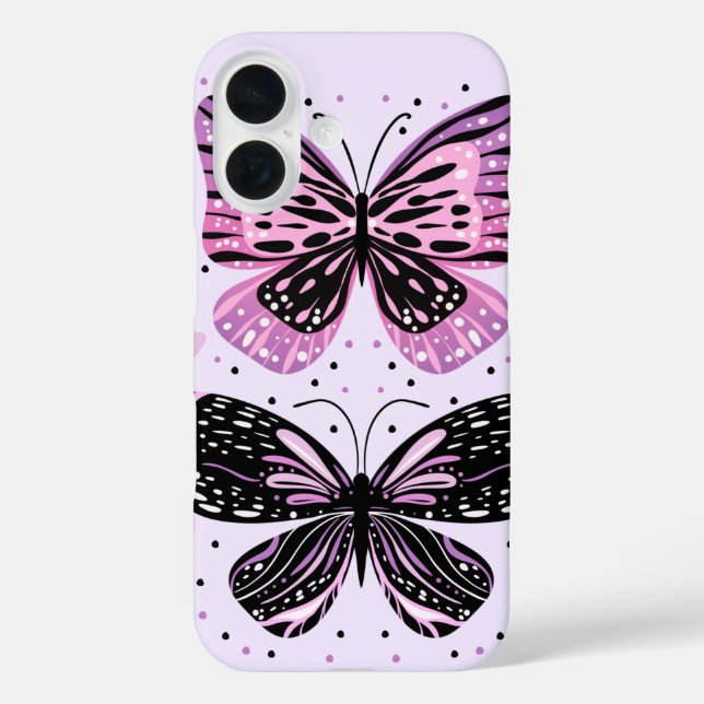 Funda iPhone 16 Negro, rosa, mariposas púrpura (Reverso )