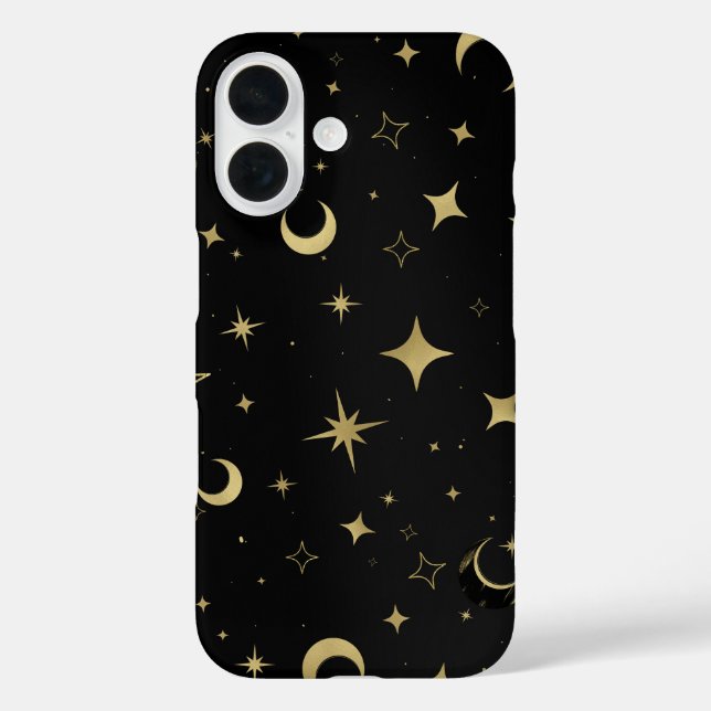 Funda iPhone 16 Negro y dorado moderno estrellas luna celeste (Reverso )