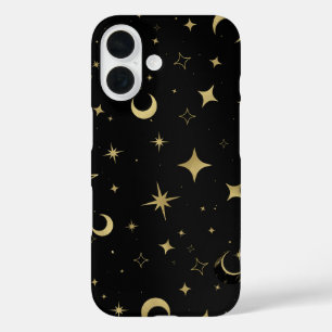 Funda iPhone 16 Negro y oro moderno estrellas luna celeste