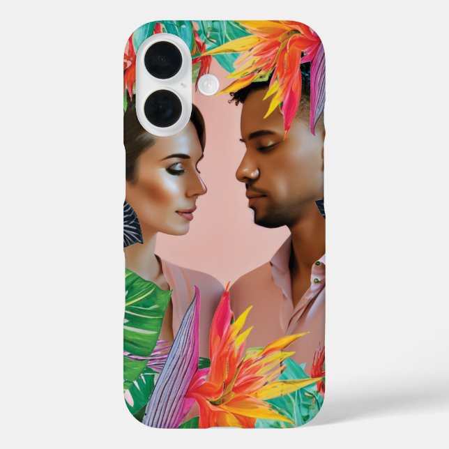 Funda iPhone 16 Neon Hot Pink Tropical Flowers Jungle Feathers (Reverso )