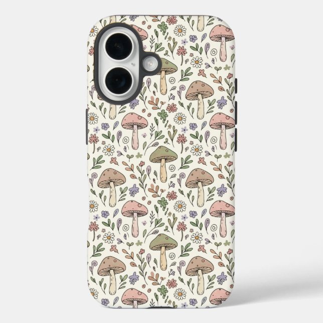 Funda iPhone 16 Neutral Aesthetic Mushroom Fungi Seamless Pattern (Reverso )