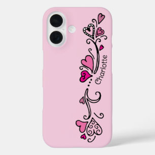Funda iPhone 16 Niña Girly Corazón rosa caliente con nombre Funda-