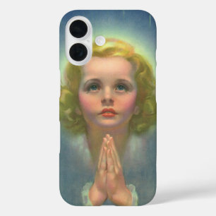 Funda iPhone 16 Niña rubia angelical con halo y estrellas rezando