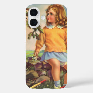 Funda iPhone 16 Niña Vintage Mirando Pájaros en un Árbol, Primaver