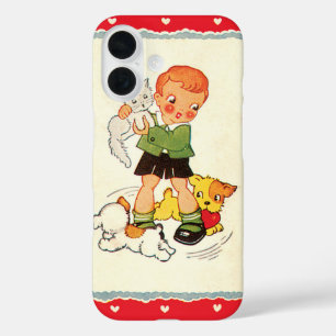 Funda iPhone 16 Niño de la época sostiene un gatito con cachorros