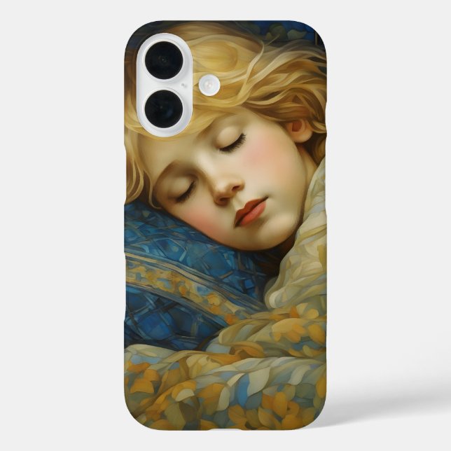 Funda iPhone 16 Niño dormido en sueño en la inclinación floral (Reverso )