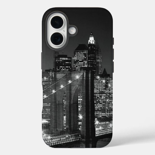 Funda iPhone 16 Noche Nueva York del puente Black White Brooklyn (Reverso )