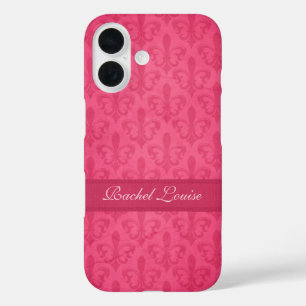 Funda iPhone 16 Nombrado Fleur de Lis damask rosa