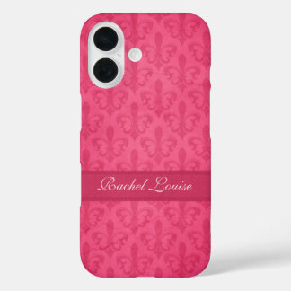 Funda iPhone 16 Nombrado Fleur de Lis damask rosa