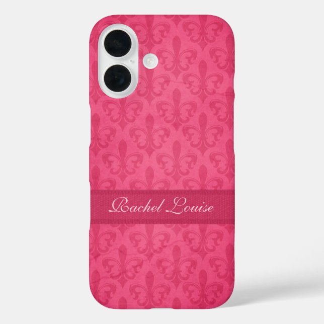 Funda iPhone 16 Nombrado Fleur de Lis damask rosa (Reverso )