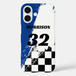 Funda iPhone 16 Nombre de carrera Número Azul Negro y Blanco