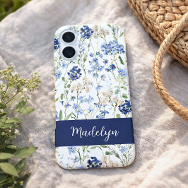 Funda iPhone 16 Nombre de flor silvestre de acuarela azul