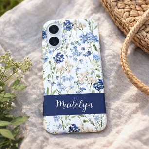 Funda iPhone 16 Nombre de flor silvestre de acuarela azul