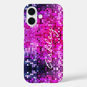 Funda iPhone 16 Nombre de guión blanco en Purpurina rosa