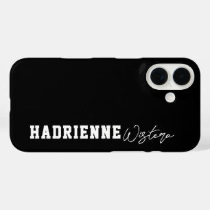 Funda iPhone 16 Nombre de guión de monograma universitario blanco