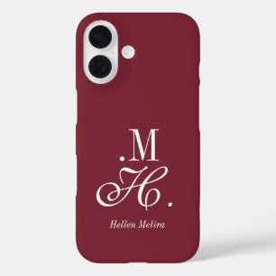 Funda iPhone 16 Nombre de monograma blanco de Burdeos moderno